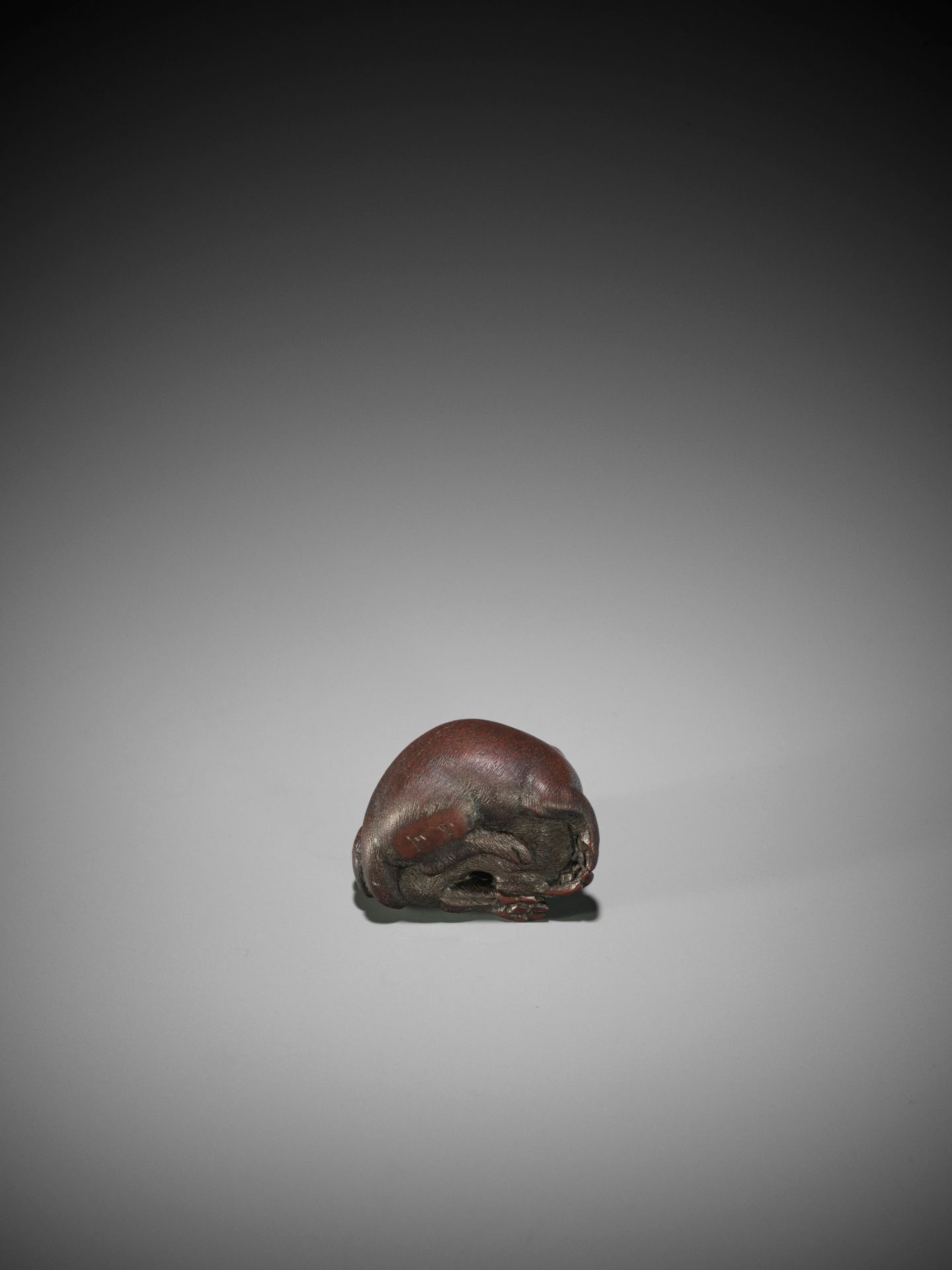 MASAMI: A FINE YAMADA SCHOOL WOOD NETSUKE OF A RECUMBENT TANUKI - Bild 8 aus 9