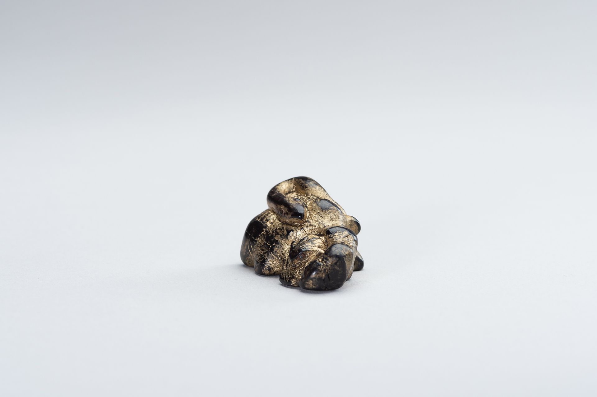 AN UNUSUAL LACQUERED DARK WOOD NETSUKE OF A SNAKE AND FROG - Bild 4 aus 10