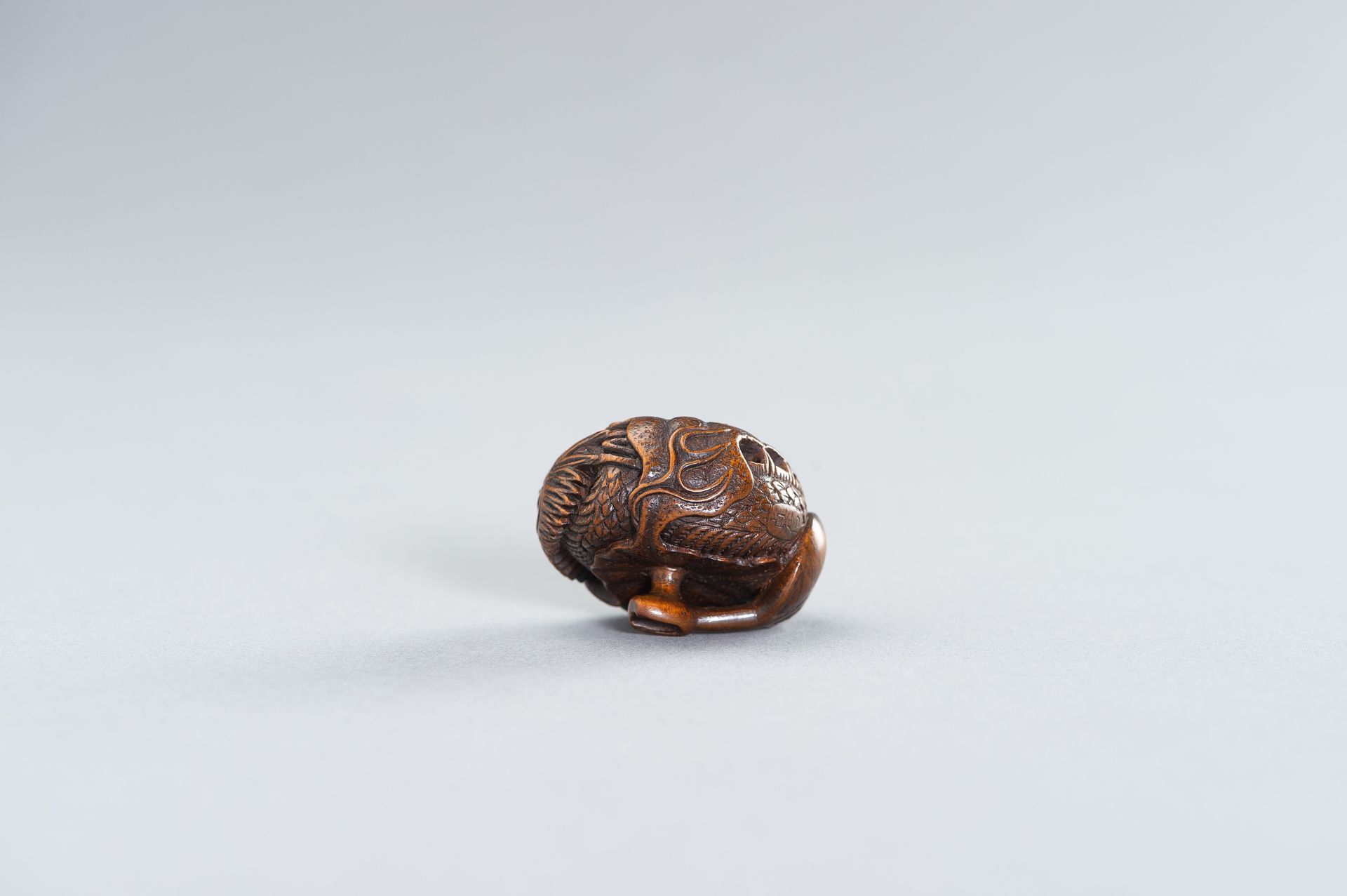 SADANOBU: A FINE WOOD NETSUKE OF A DRAGON INSIDE MIKAN - Bild 10 aus 10