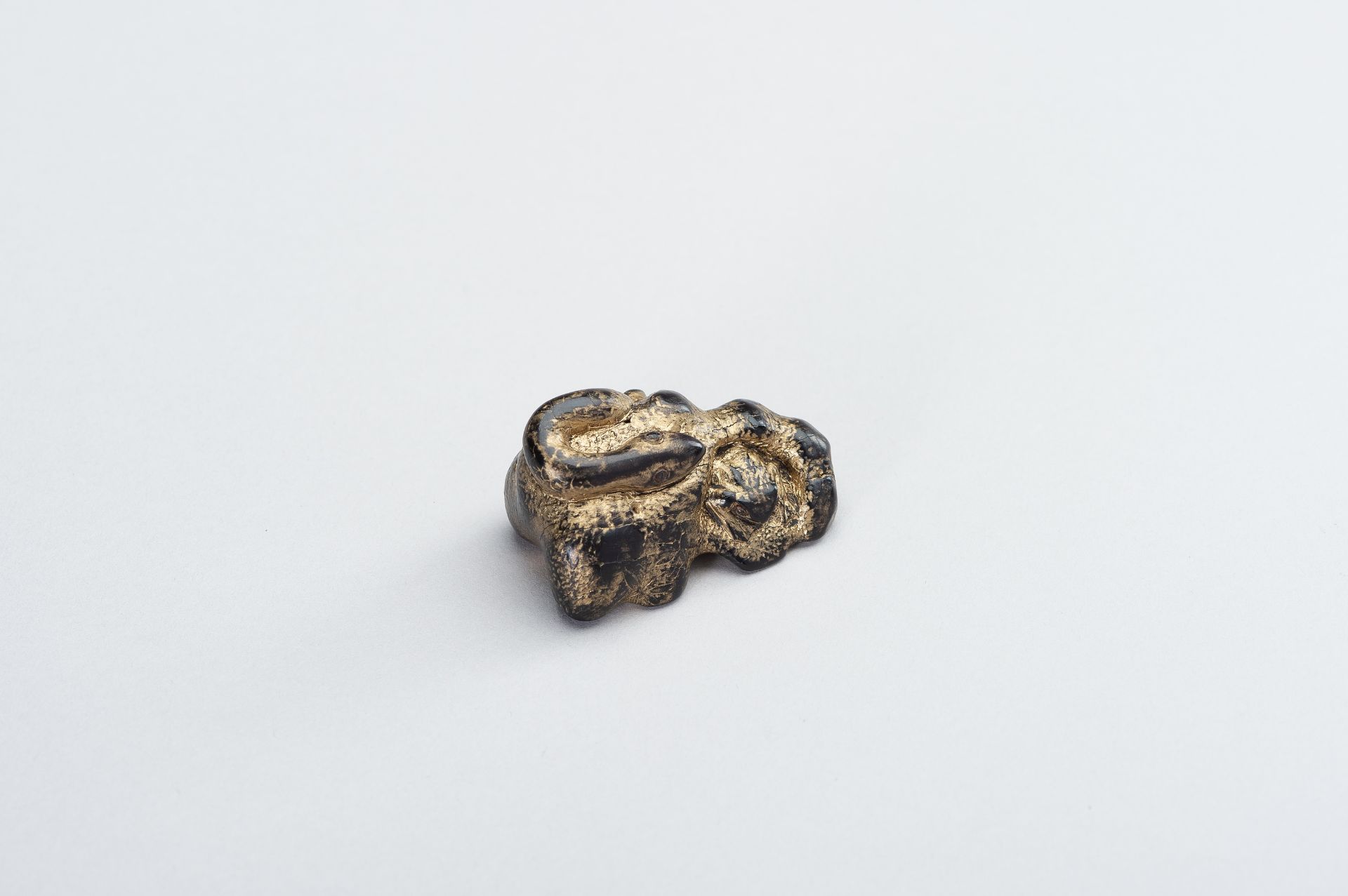 AN UNUSUAL LACQUERED DARK WOOD NETSUKE OF A SNAKE AND FROG - Bild 7 aus 10