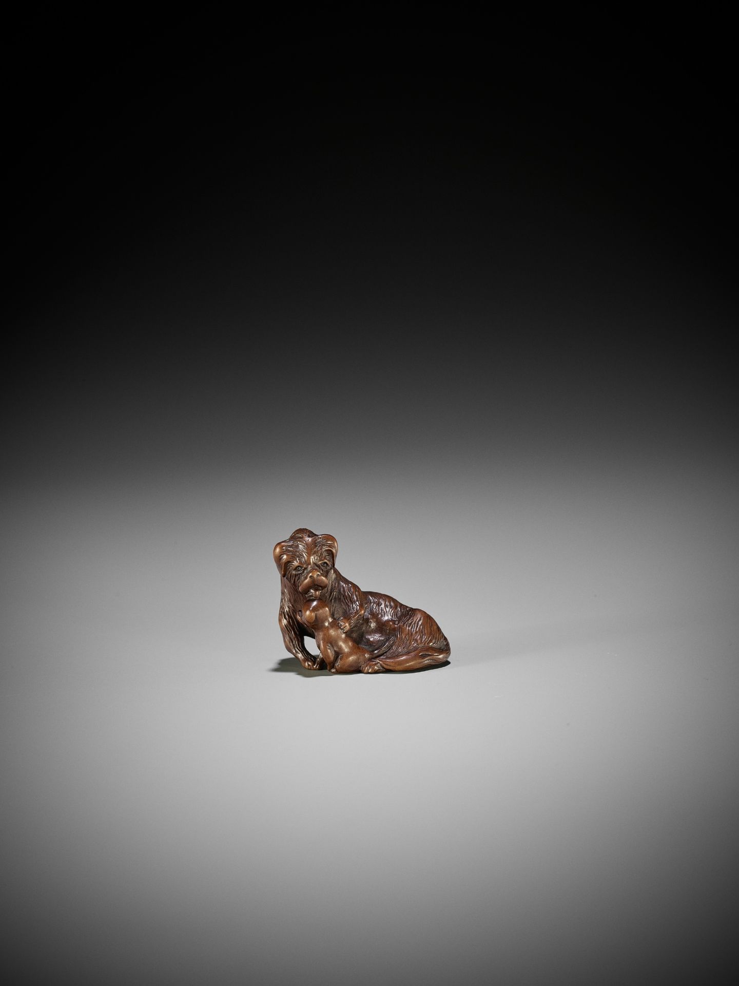 A FINE WOOD NETSUKE OF A SHAGGY DOG WITH PUP - Bild 2 aus 10