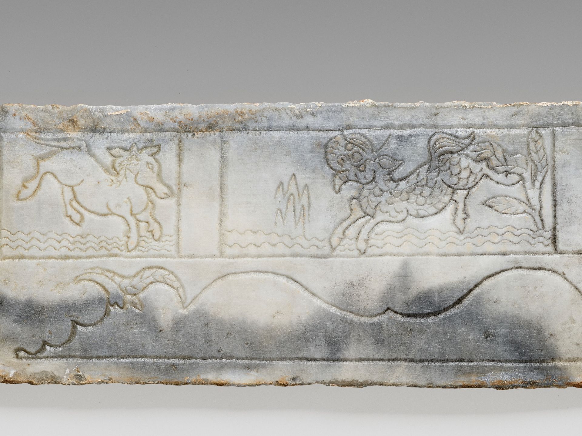 TWO 'MYTHICAL BEAST' MARBLE PANELS, FRAGMENTS OF A FUNERARY STRUCTURE, TANG TO JIN DYNASTY - Image 3 of 9