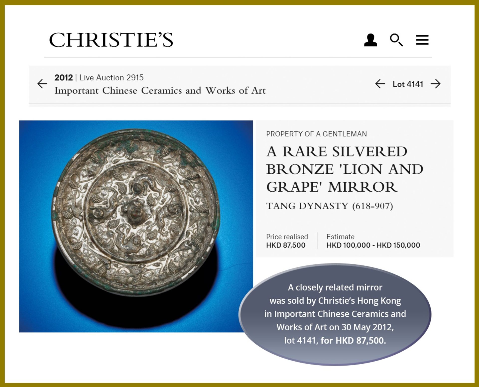 A RARE SILVERED BRONZE 'LIONS AND GRAPEVINES' MIRROR, TANG - Bild 5 aus 7