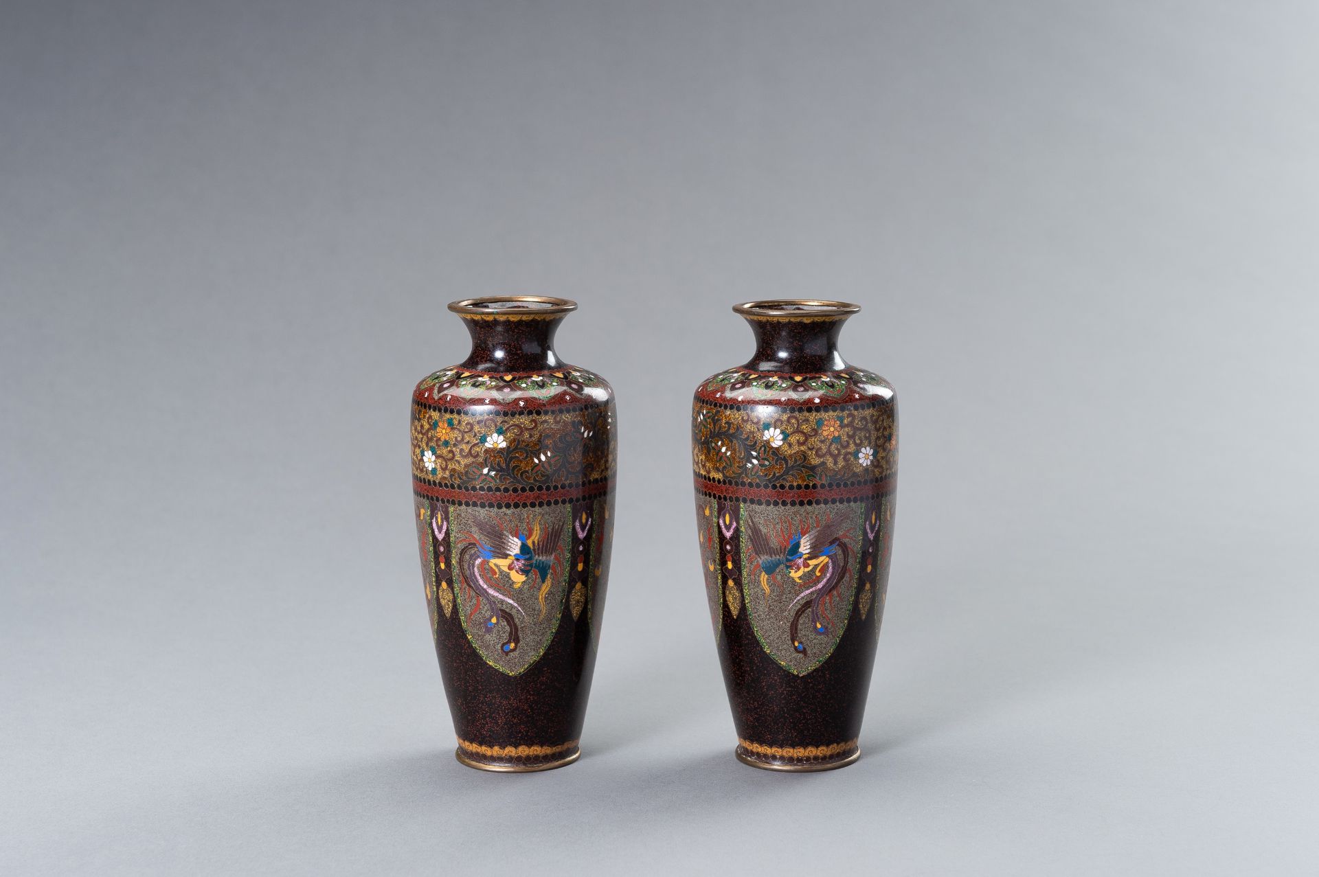 A PAIR OF TWO CLOISONNE ENAMEL VASES