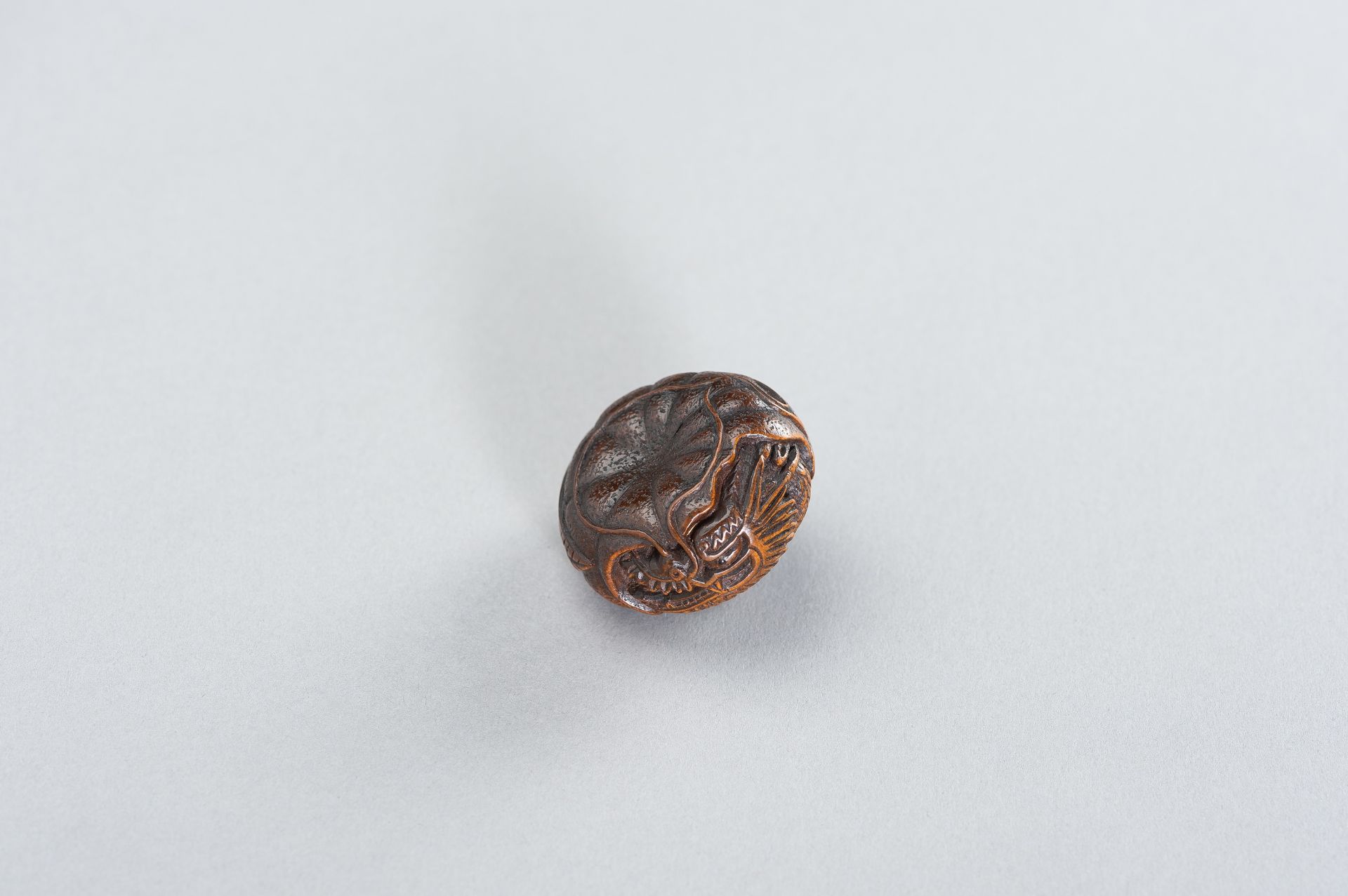 SADANOBU: A FINE WOOD NETSUKE OF A DRAGON INSIDE MIKAN - Bild 7 aus 10