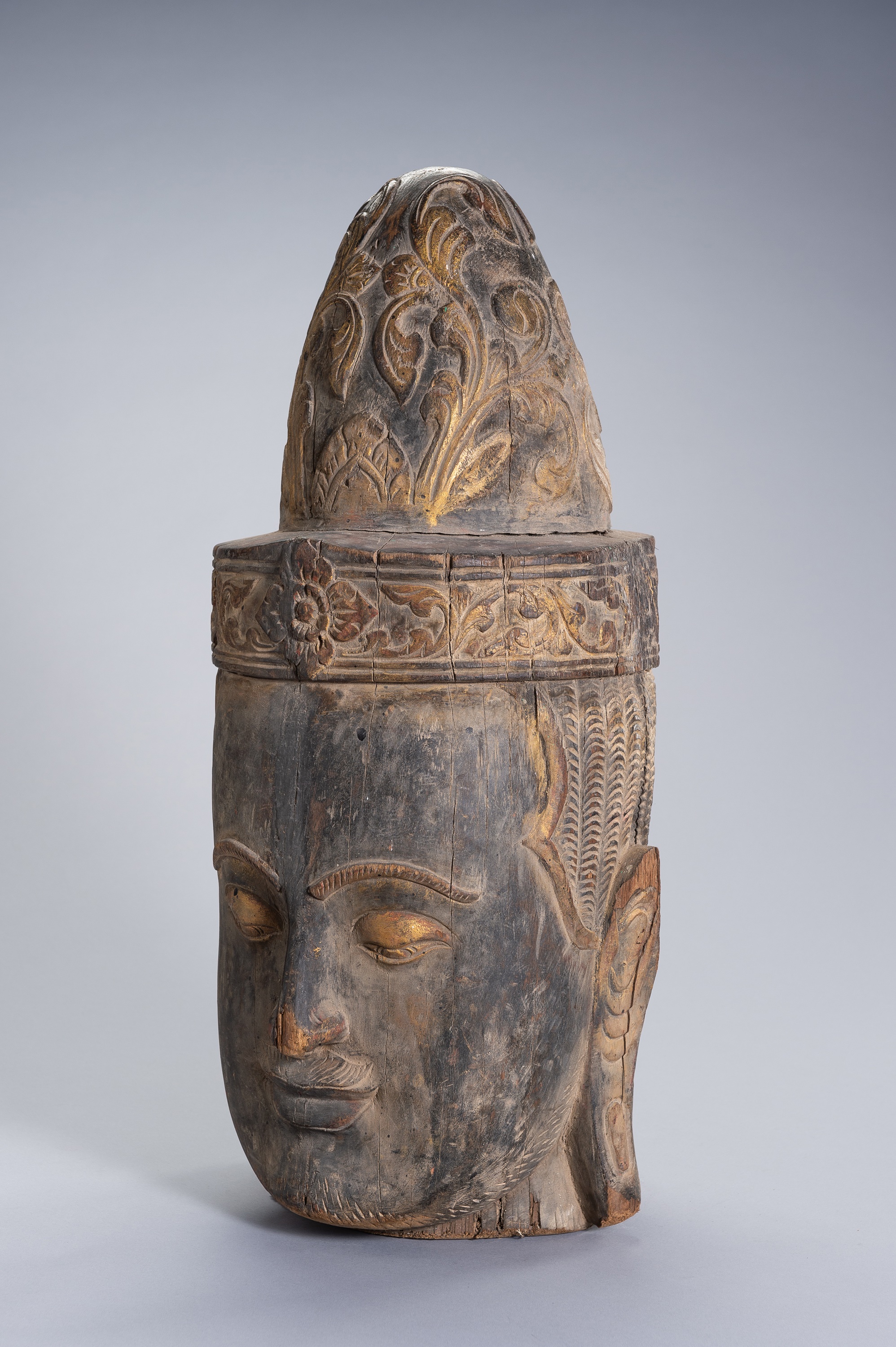 A LARGE WOOD HEAD OF BUDDHA