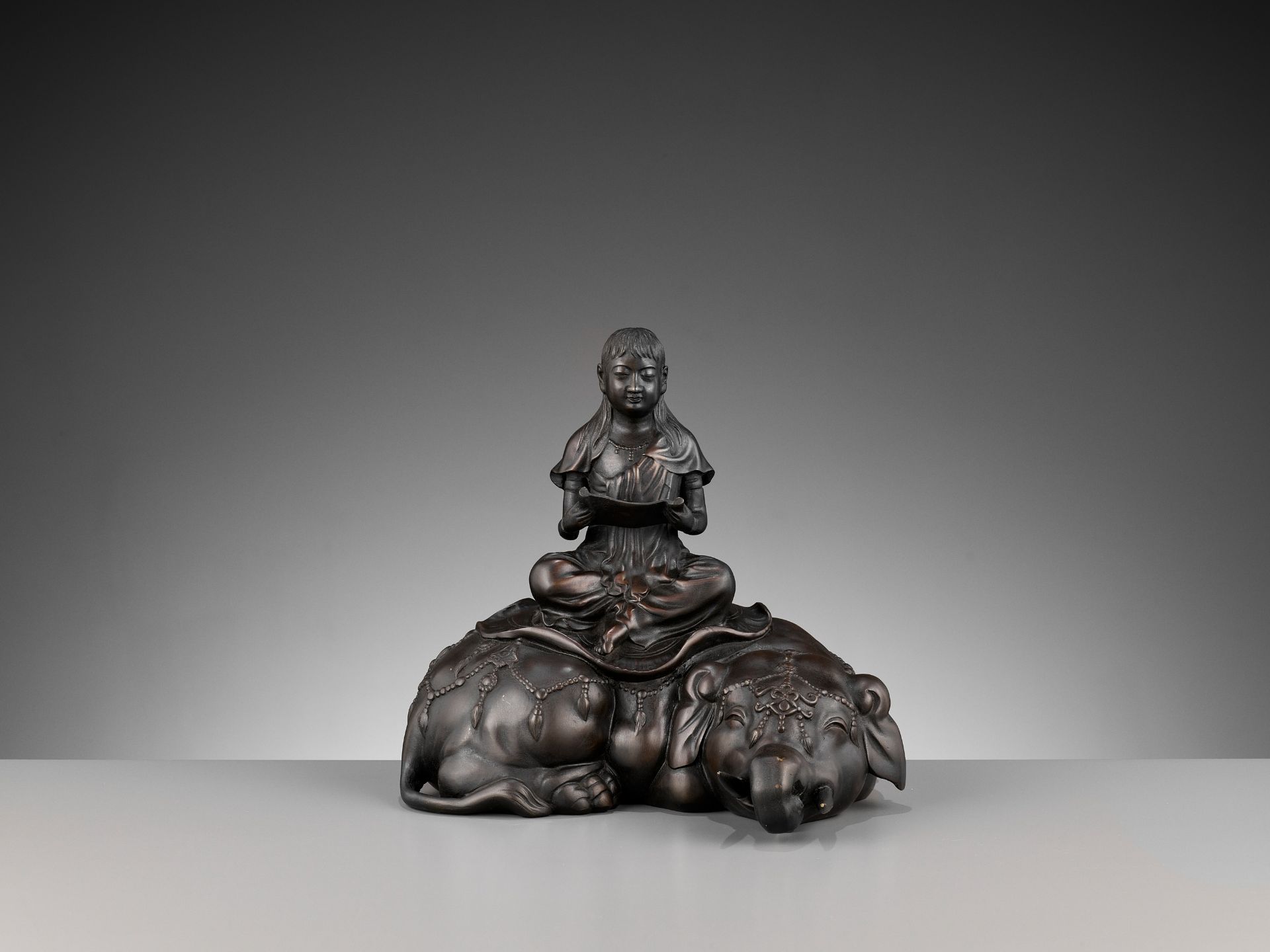 SHIUN: A FINE BRONZE OKIMONO OF FUGEN BOSATSU SEATED ON AN ELEPHANT - Image 5 of 10