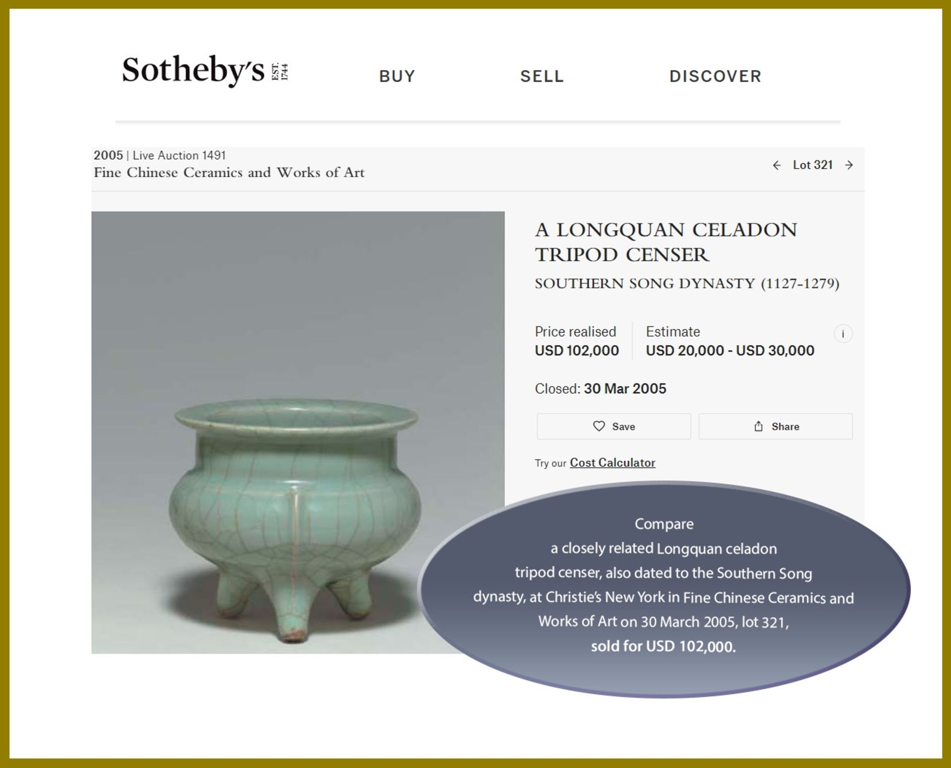 A LONGQUAN CELADON TRIPOD CENSER, SOUTHERN SONG DYNASTY - Bild 4 aus 14