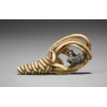 AN UNUSUAL SILVER-INLAID IVORY NETSUKE WITH ROOSTER INSIDE A BUNDLE OF ROPE