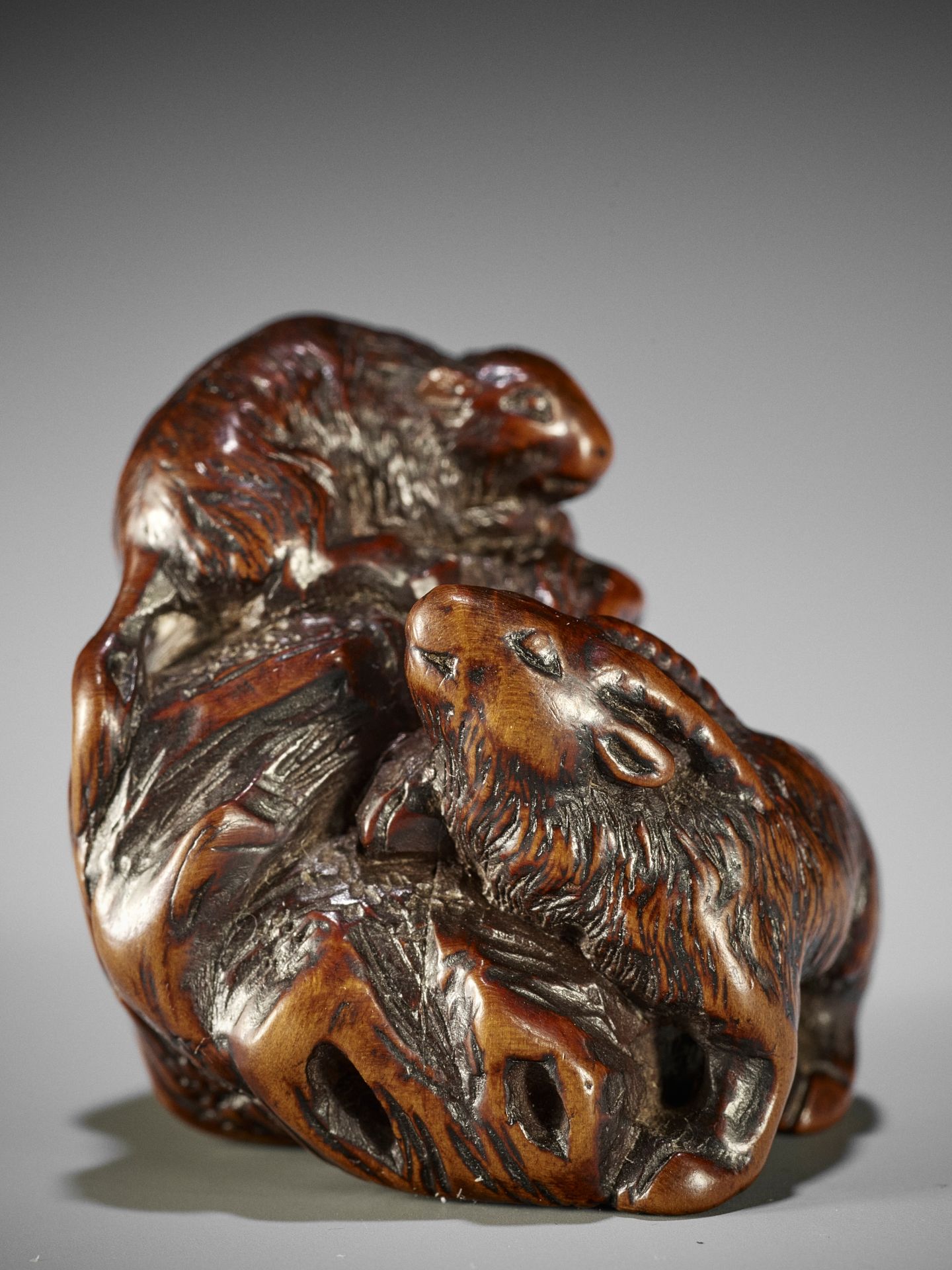 KOKEI: A RARE WOOD NETSUKE OF A GOAT AND YOUNG ON A ROCK