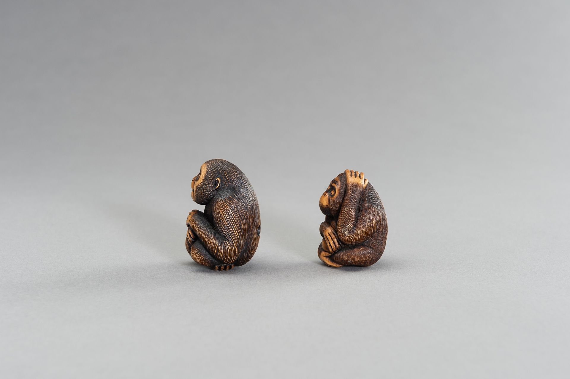 TWO CONTEMPORARY BOXWOOD NETSUKE OF MONKEYS - Bild 5 aus 10