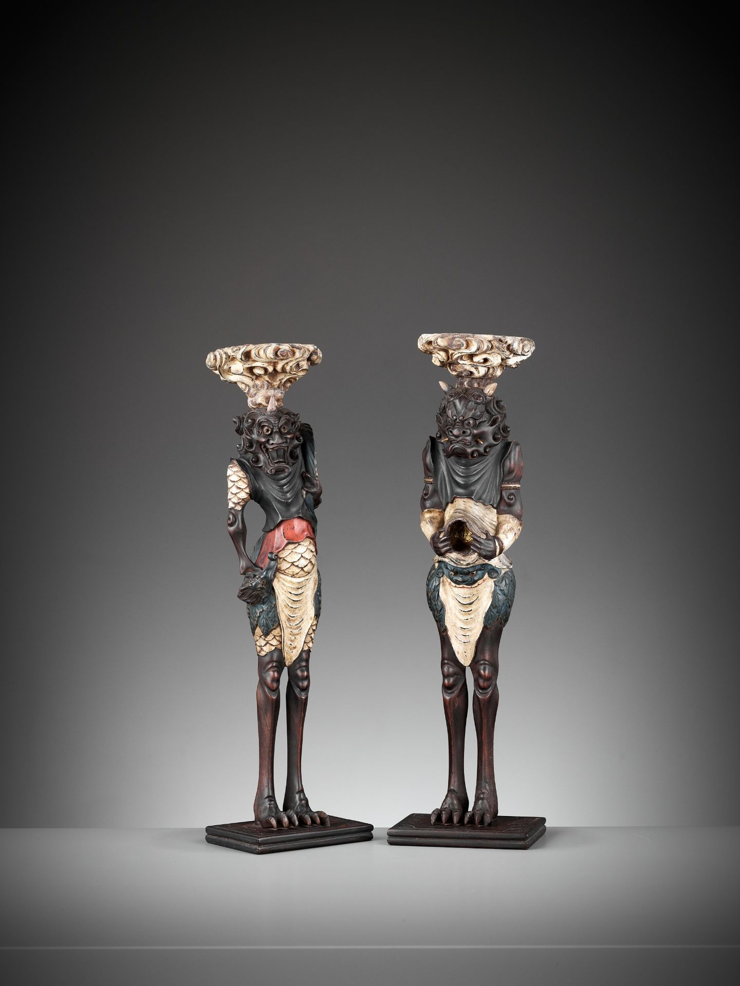A PAIR OF PAINTED AND LACQUERED WOOD FIGURAL CANDLESTICKS DEPICTING ONI - Image 4 of 12