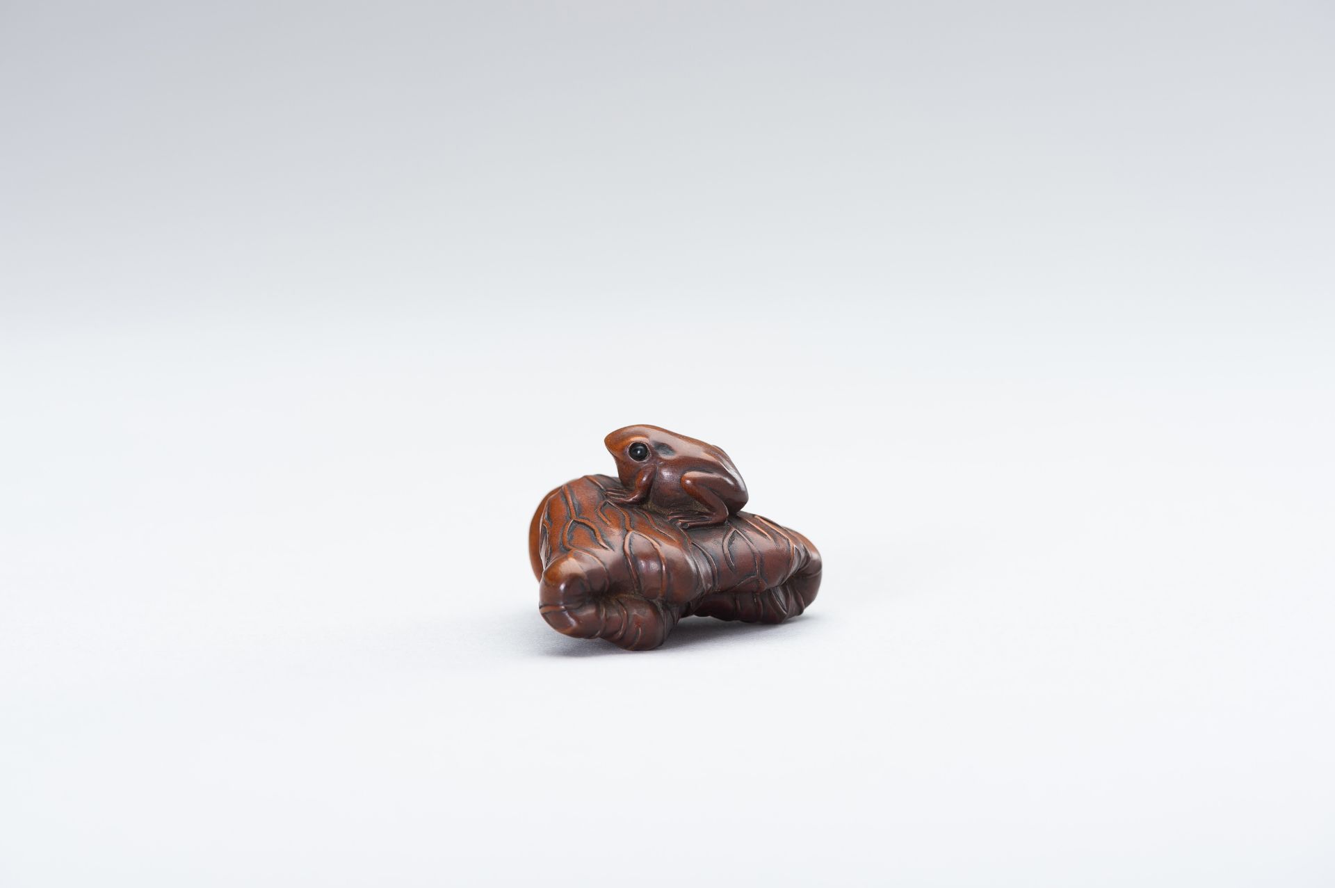 A WOOD NETSUKE OF A FROG AND LOTUS