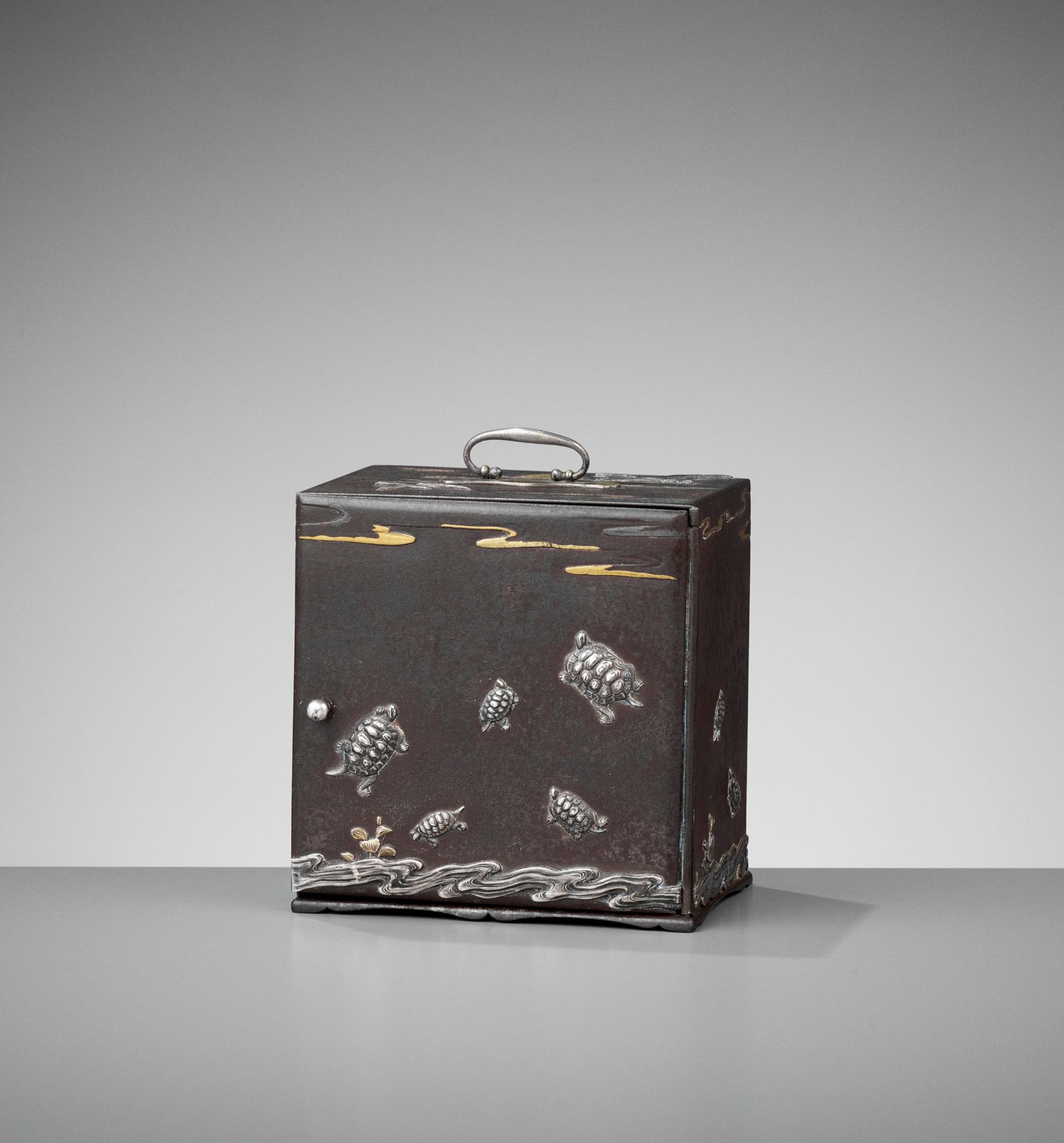 AN EXCEPTIONALLY RARE INLAID IRON MINIATURE KODANSU (CABINET) WITH TURTLES AND CRANES