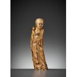 AN IVORY FIGURE OF GUANYIN AND CHILD, LATE MING DYNASTY