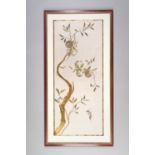 A LARGE EMBROIDERED 'PEACHES & BAT' LONGEVITY SILK PANEL