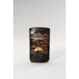 A FINE LACQUERED TORTOISESHELL CASE WITH MOUNT FUJI AND CRANES