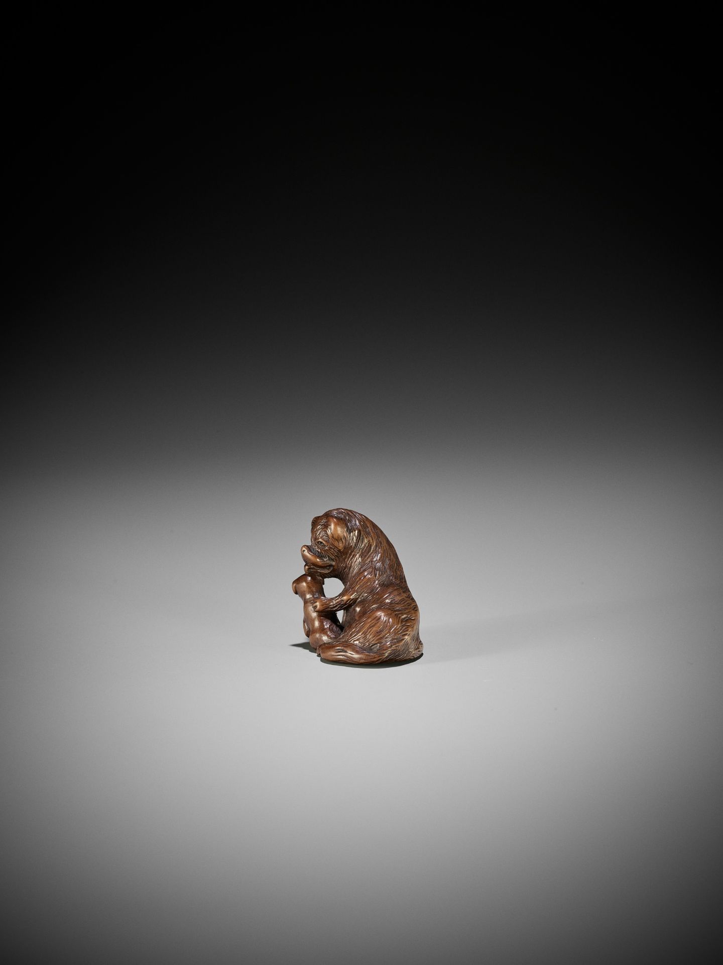 A FINE WOOD NETSUKE OF A SHAGGY DOG WITH PUP - Bild 7 aus 10