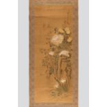 A SCROLL PAINTING OF A BLUEBIRD AND FLOWERS