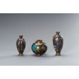 TWO GINBARI CLOISONNE VASES AND A CLOISONNE KORO (INCENSE BURNER)