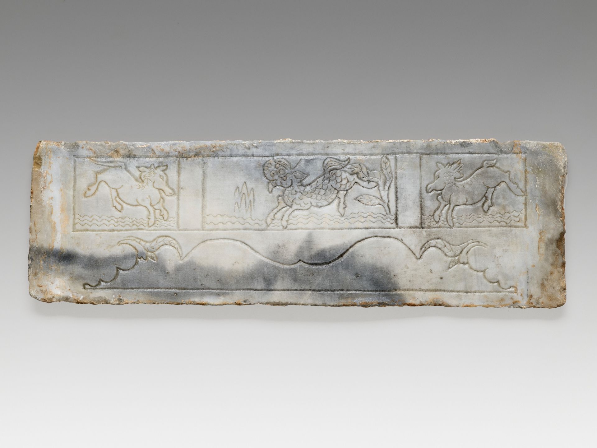 TWO 'MYTHICAL BEAST' MARBLE PANELS, FRAGMENTS OF A FUNERARY STRUCTURE, TANG TO JIN DYNASTY - Image 5 of 9