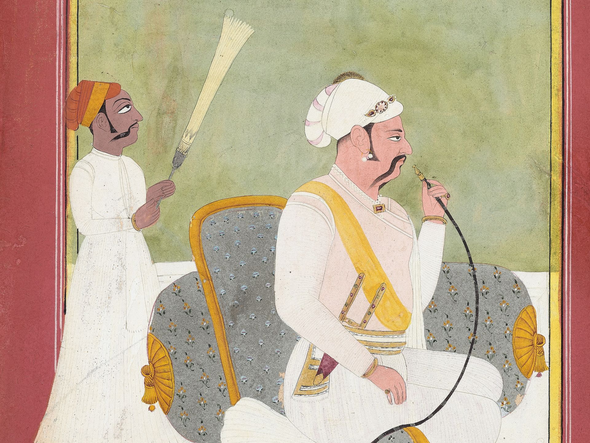 AN INDIAN MINIATURE PAINTING OF A MUGHAL PRINCE SMOKING A HUQQA - Image 3 of 7