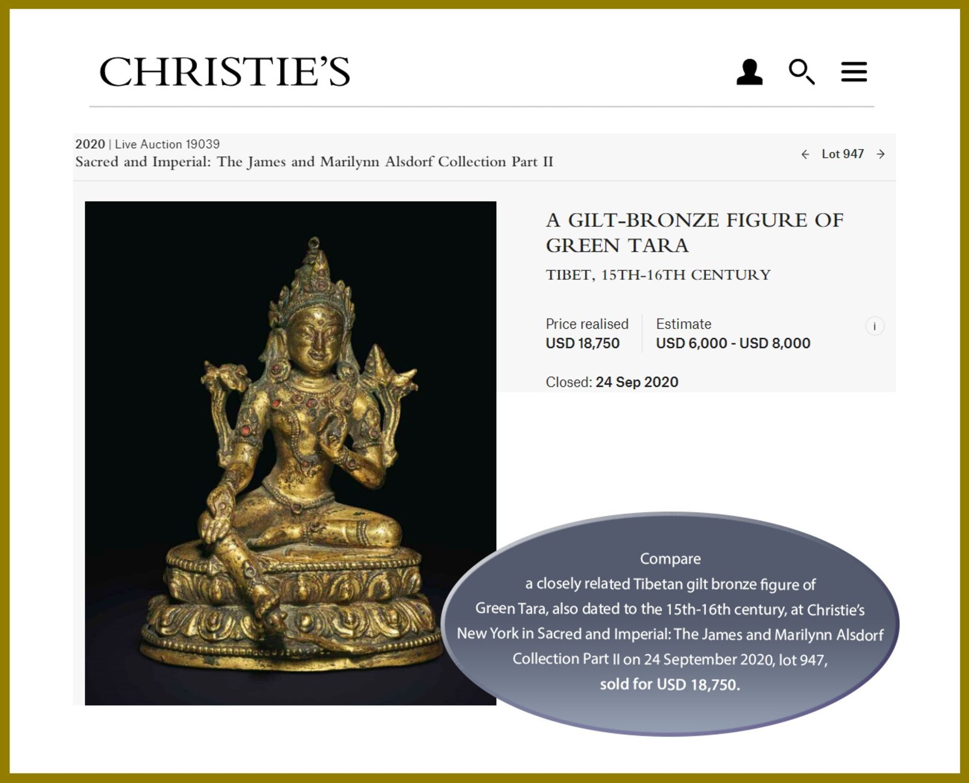 A GILT BRONZE FIGURE OF GREEN TARA, 15TH-16TH CENTURY - Bild 5 aus 10