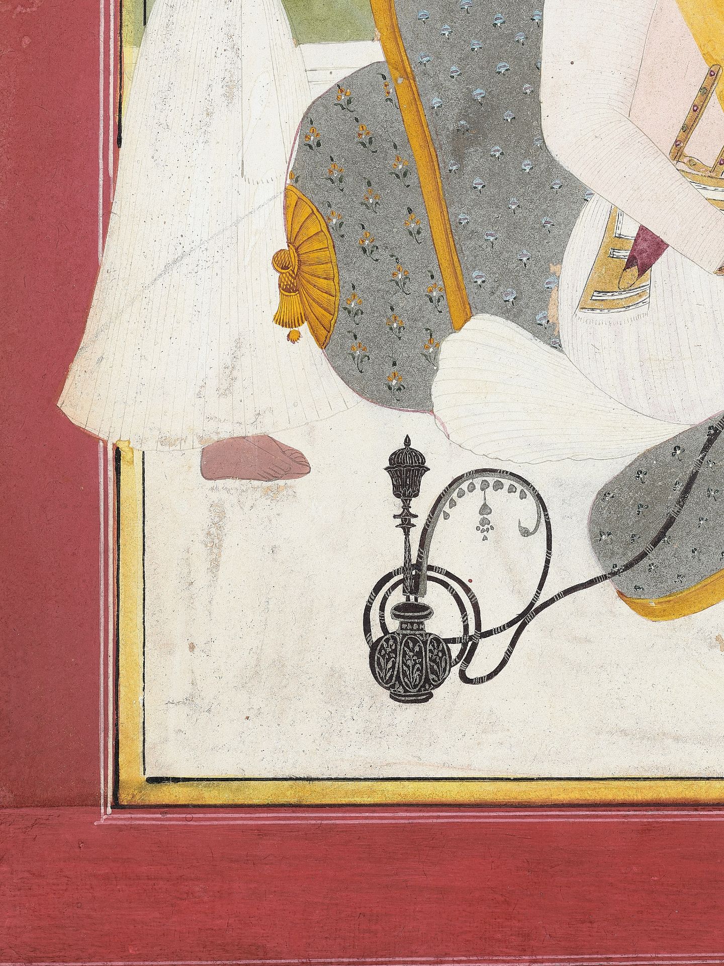 AN INDIAN MINIATURE PAINTING OF A MUGHAL PRINCE SMOKING A HUQQA - Image 5 of 7