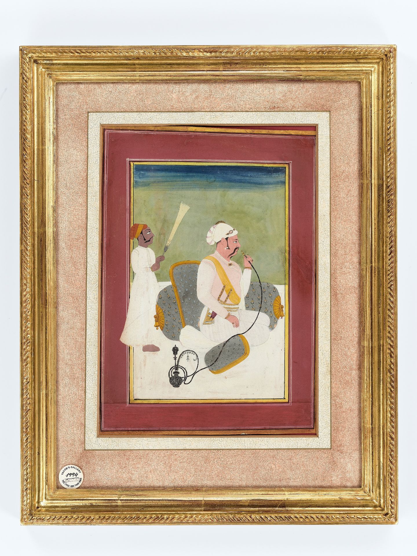 AN INDIAN MINIATURE PAINTING OF A MUGHAL PRINCE SMOKING A HUQQA - Image 6 of 7