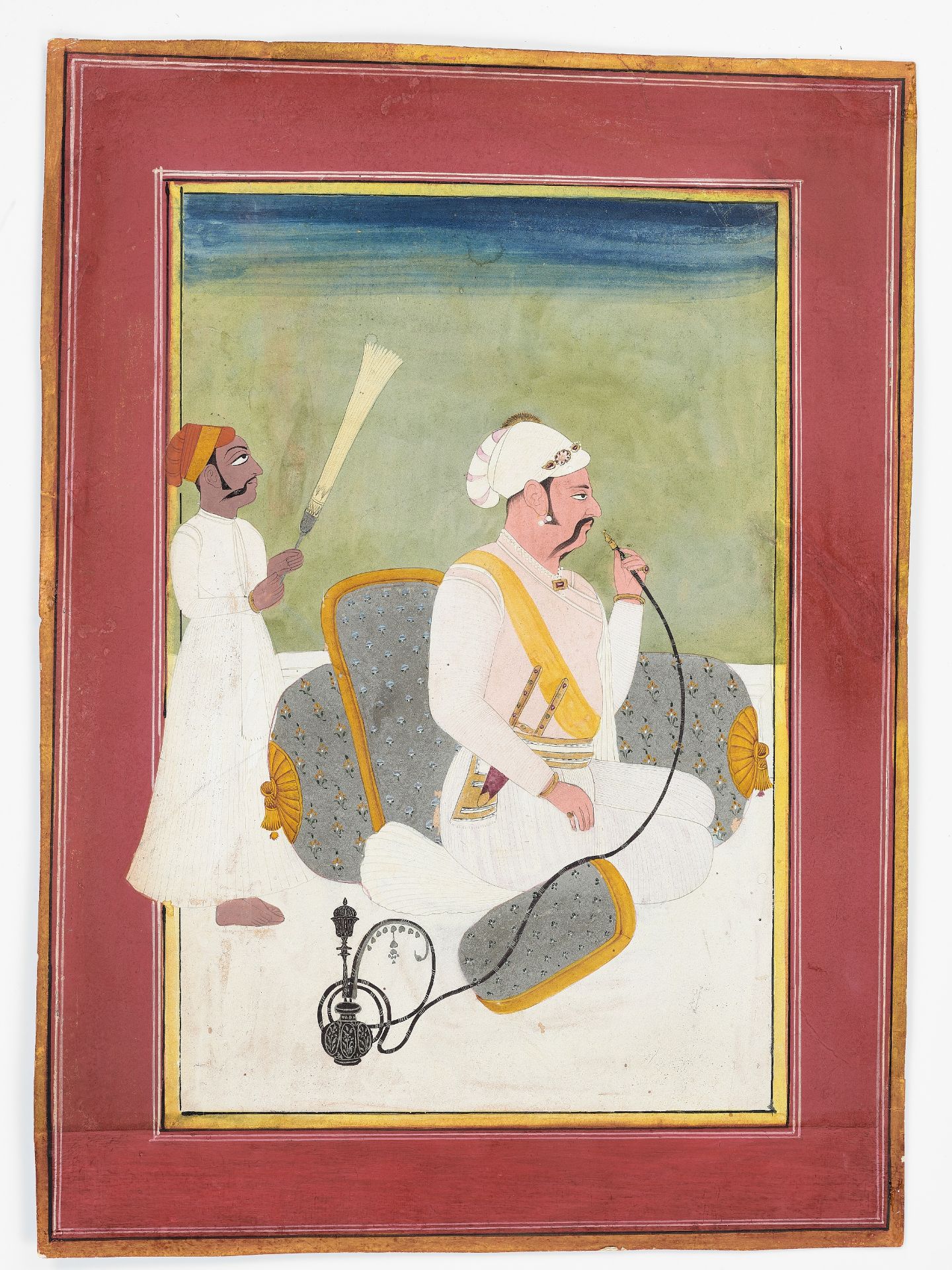 AN INDIAN MINIATURE PAINTING OF A MUGHAL PRINCE SMOKING A HUQQA - Image 2 of 7