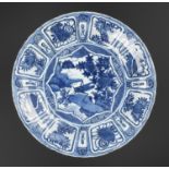 A LARGE BLUE AND WHITE 'BUTTERFLY GRASSHOPPER' PORCELAIN DISH, WANLI PERIOD
