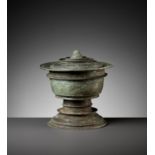 A KHMER BRONZE FOOTED BOWL AND COVER, ANGKOR PERIOD