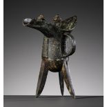 AN IMPORTANT AND RARE BRONZE RITUAL TRIPOD WINE VESSEL, JUE, SHANG DYNASTY