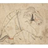 A RARE DRAWING OF AN ELEPHANT ESCAPING CAPTIVITY, KOTA SCHOOL