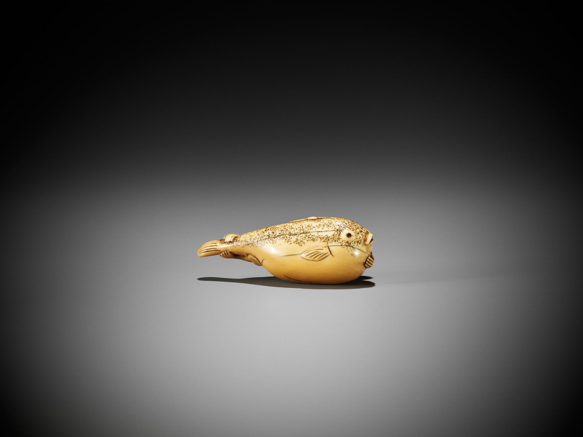 A RARE IVORY NETSUKE OF A FISHERMAN STRUGGLING WITH A GIANT FUGU - Bild 2 aus 5