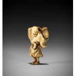 A KYOTO SCHOOL IVORY NETSUKE OF A FARMER GATHERING FLOWERS AND MUSHROOMS