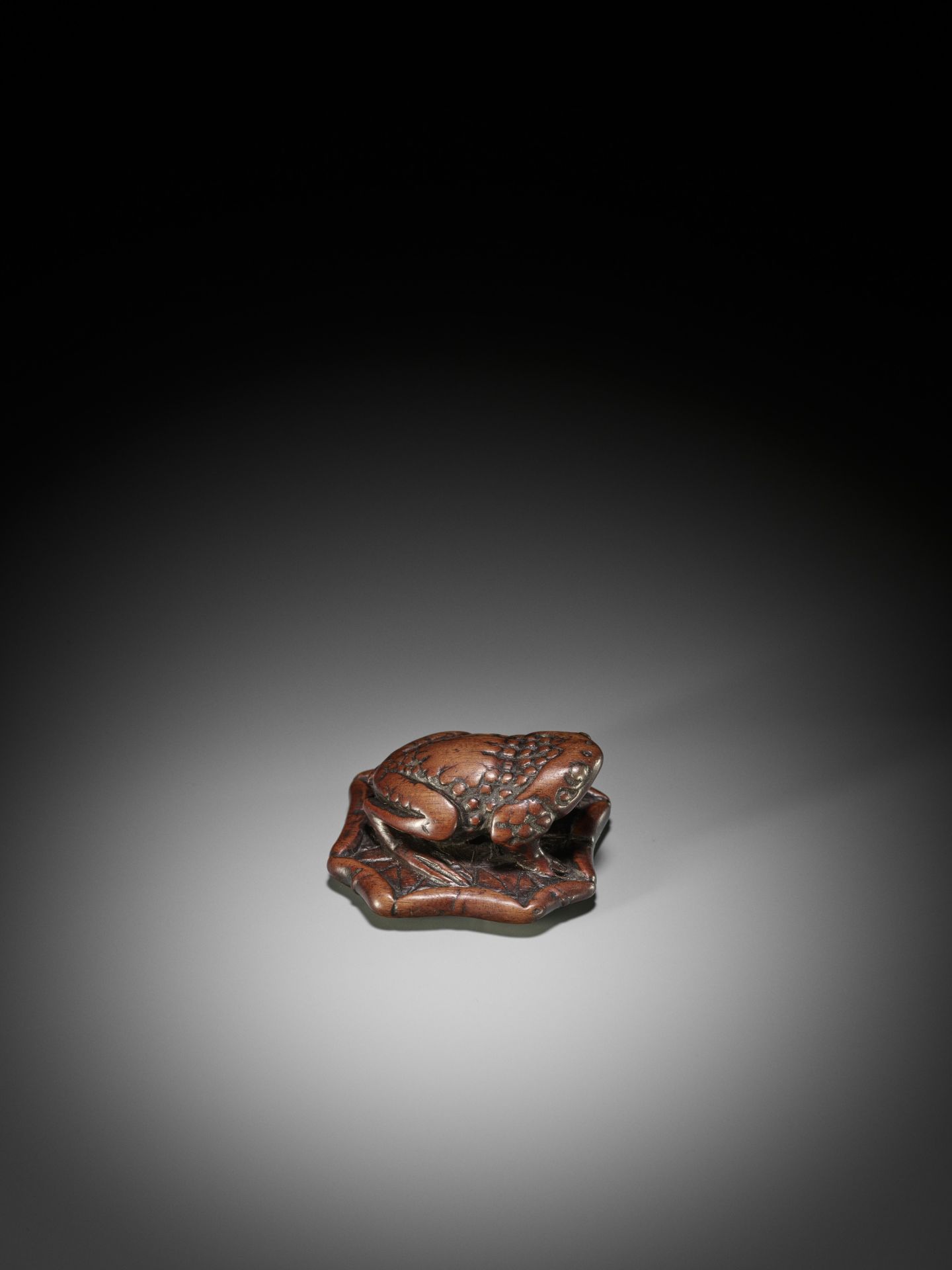 A LARGE AND UNUSUAL WOOD NETSUKE OF A TOAD ON A LOTUS LEAF - Bild 9 aus 9