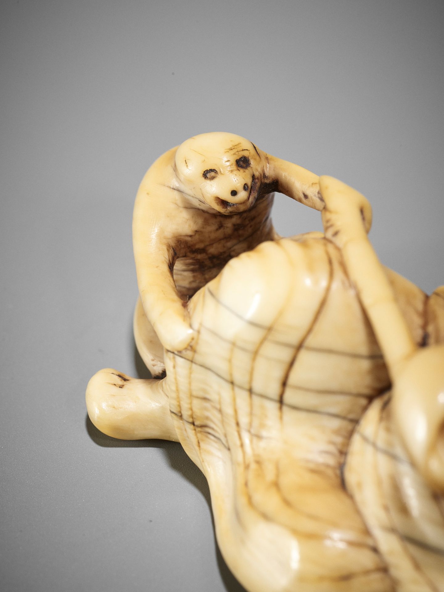 A RARE AND LARGE IVORY NETSUKE OF A RECLINING SARUMAWASHI AND HIS MONKEY - Bild 10 aus 10