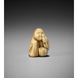 A CHARMING OLD IVORY NETSUKE OF OKAME