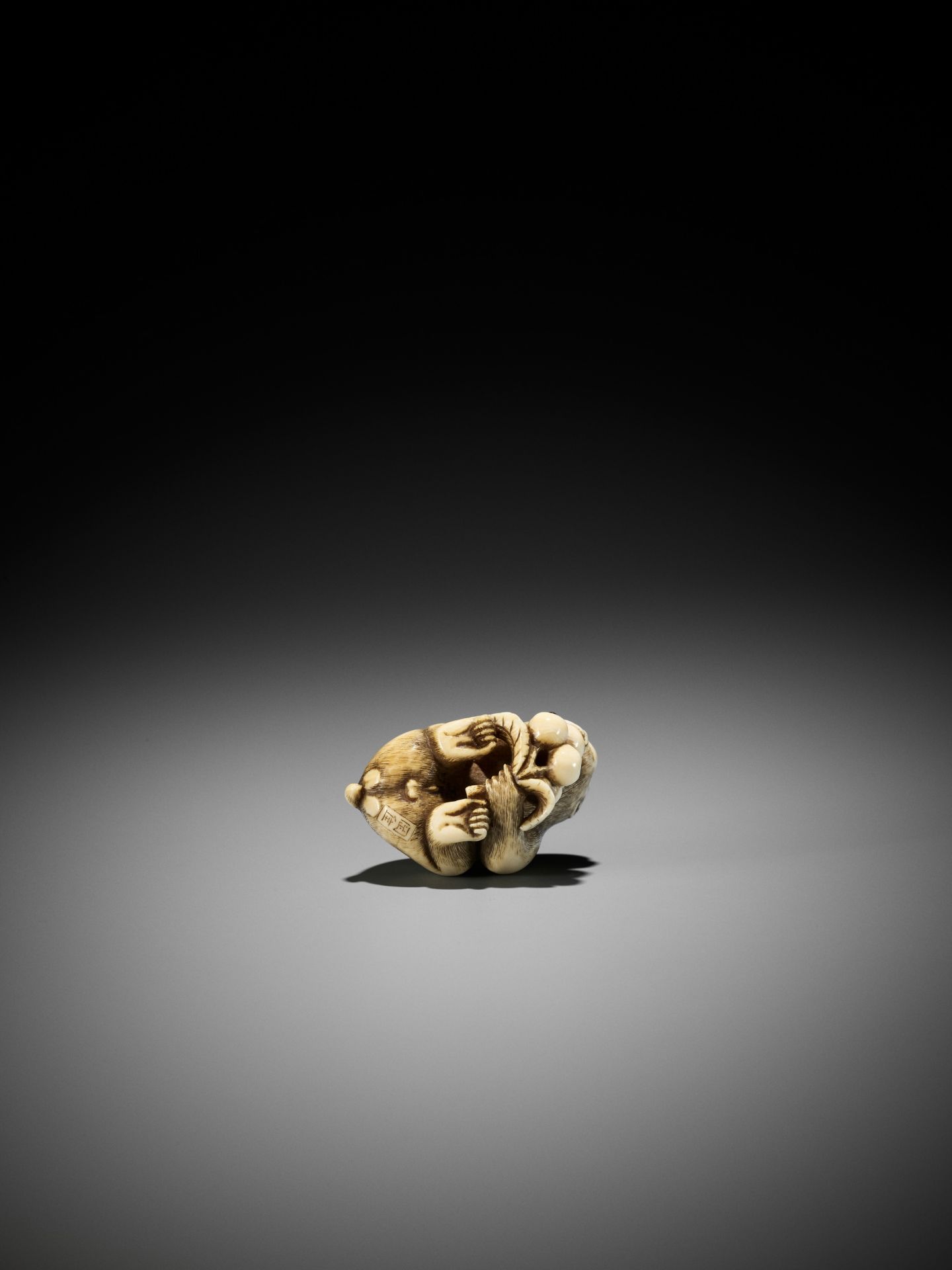 OKATORI: A FINE IVORY NETSUKE OF A MONKEY WITH BIWA (LOQUATS) - Bild 4 aus 13