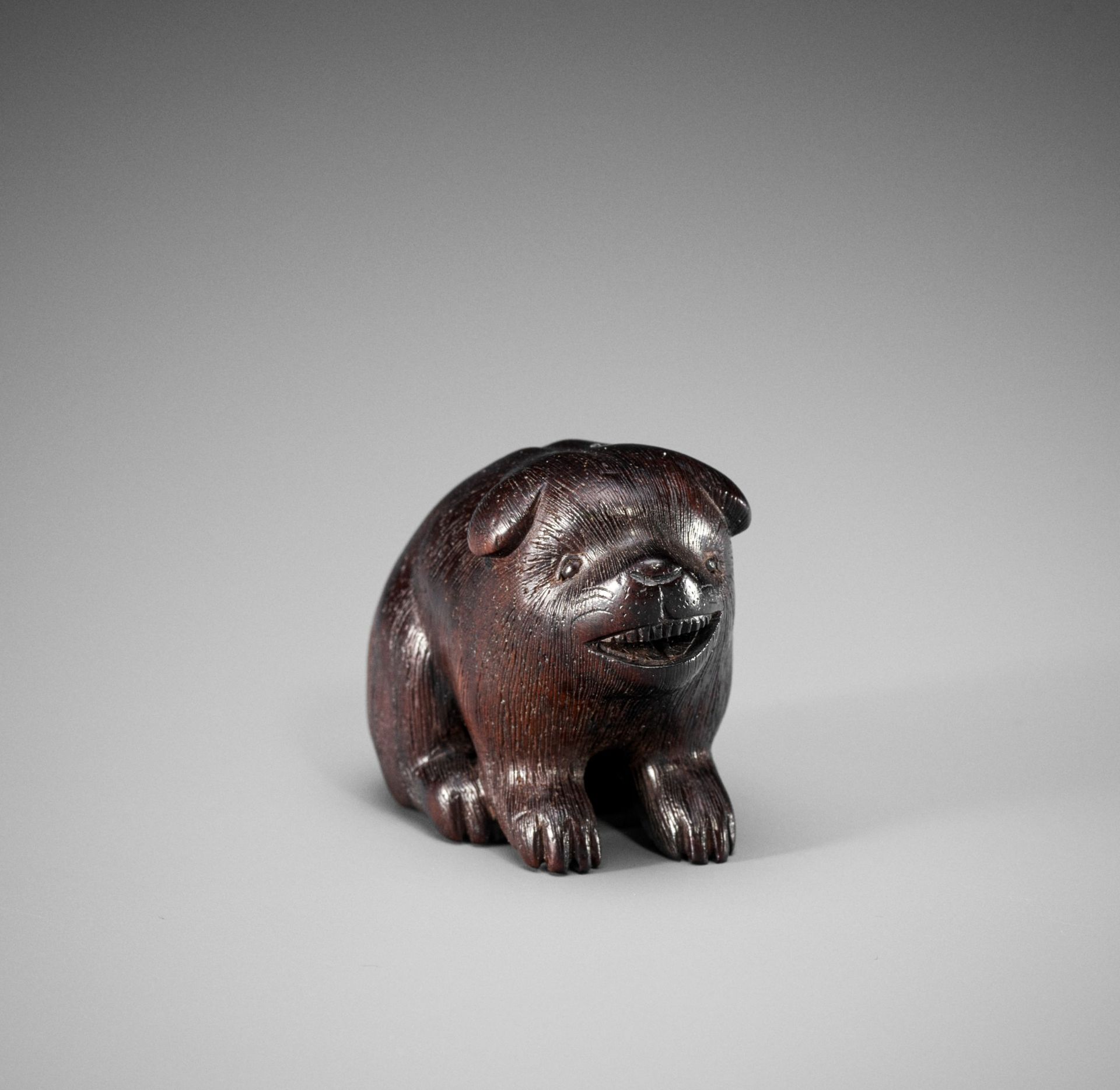 RANICHI: A DARK WOOD NETSUKE OF A PUPPY