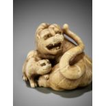 RANICHI: A SUPERB IVORY NETSUKE OF A TIGRESS WITH CUB