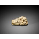 AN IVORY NETSUKE OF A RECLINING HOTEI WITH UCHIWA (FAN)