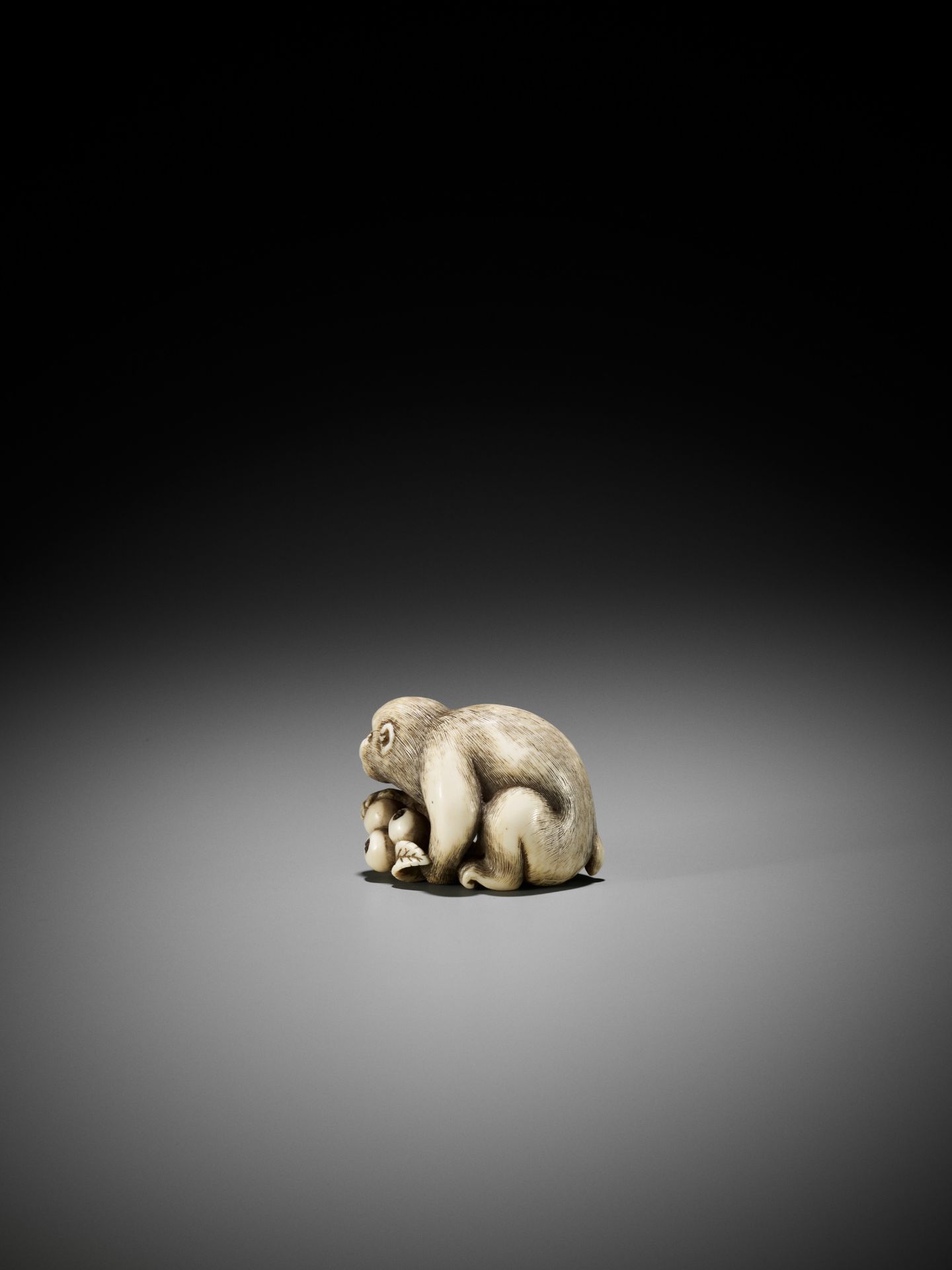 OKATORI: A FINE IVORY NETSUKE OF A MONKEY WITH BIWA (LOQUATS) - Bild 3 aus 13