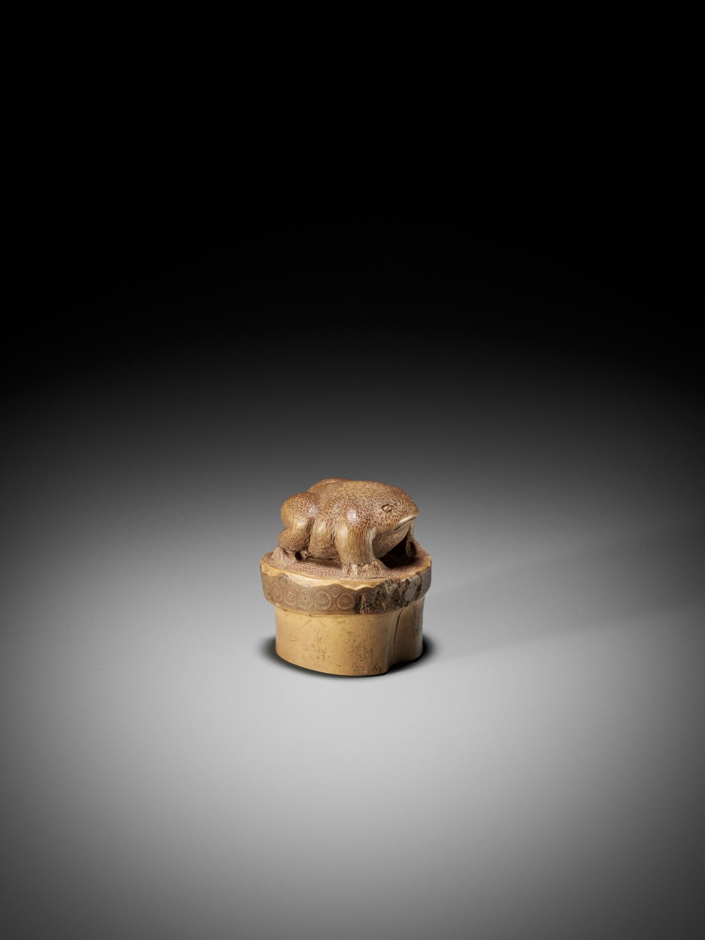 CHOZAN: A RARE BAMBOO SEAL-TYPE NETSUKE OF A TOAD ON TREE STUMP - Bild 6 aus 9