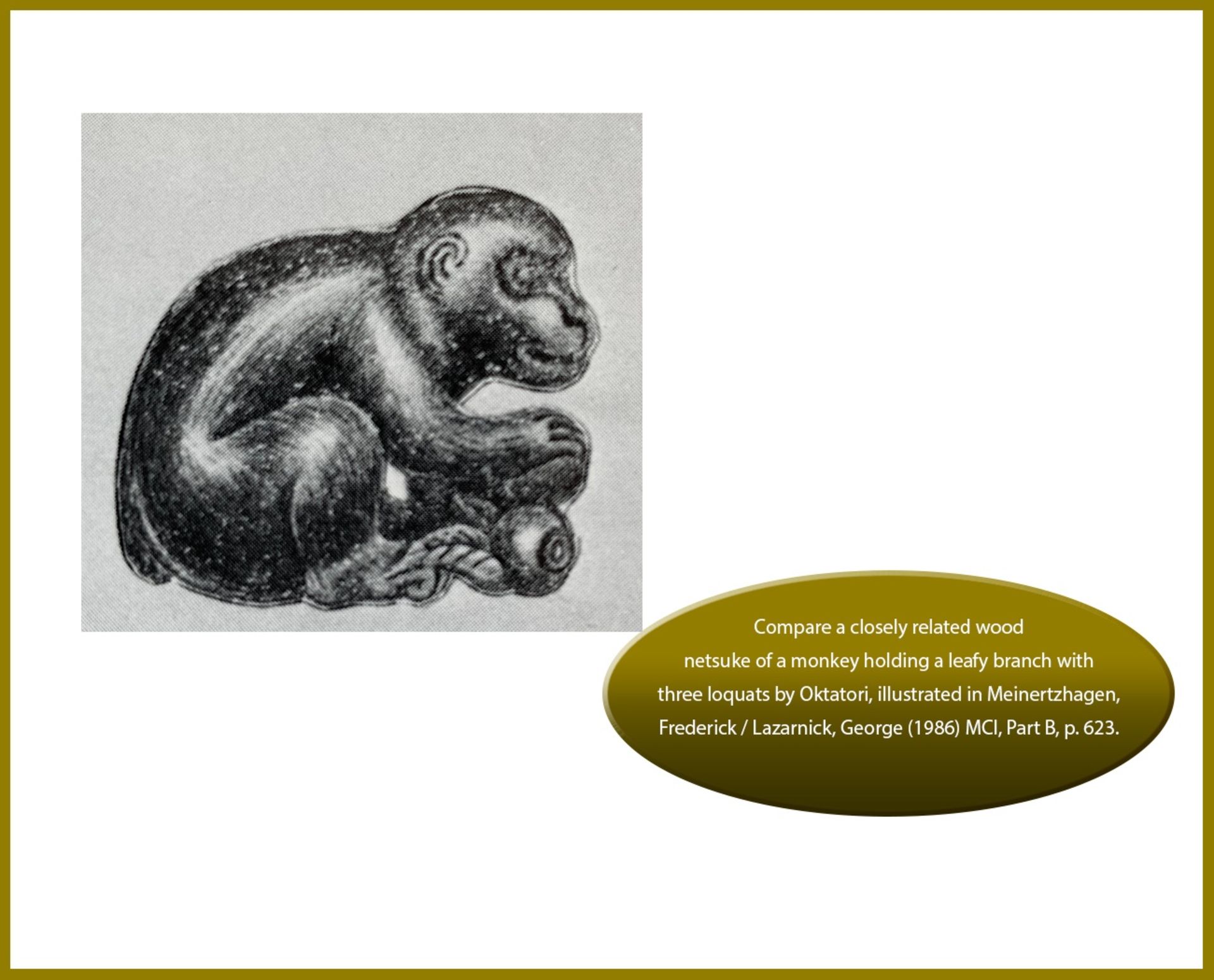 OKATORI: A FINE IVORY NETSUKE OF A MONKEY WITH BIWA (LOQUATS) - Bild 13 aus 13