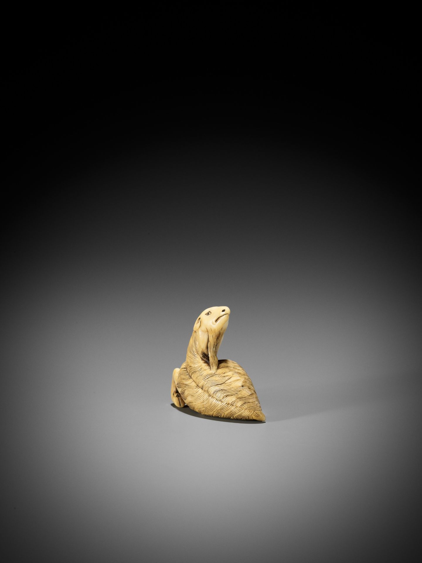 A VERY RARE IVORY NETSUKE OF A KIRIN GOAT, ATTRIBUTED TO MITSUHARU - Bild 7 aus 15