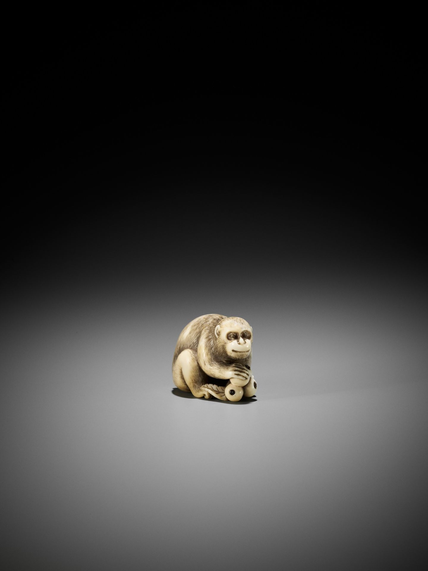 OKATORI: A FINE IVORY NETSUKE OF A MONKEY WITH BIWA (LOQUATS) - Bild 5 aus 13