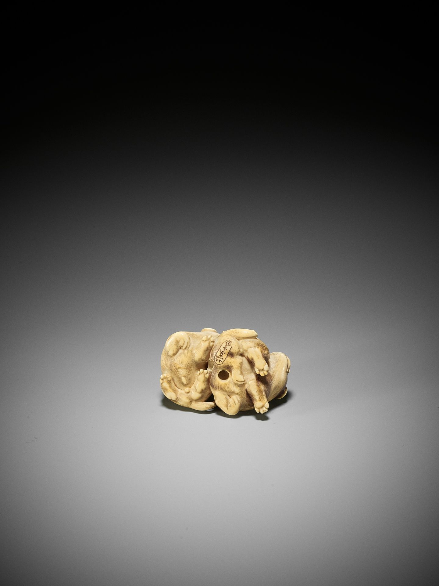 RANTEI: A CHARMING IVORY NETSUKE OF TWO PLAYING PUPS - Bild 10 aus 13