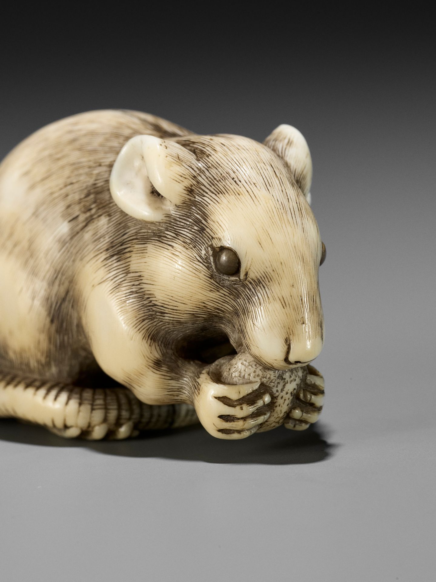 OKATORI: A SUPERB IVORY NETSUKE OF A RAT EATING A FRUIT - Bild 2 aus 15